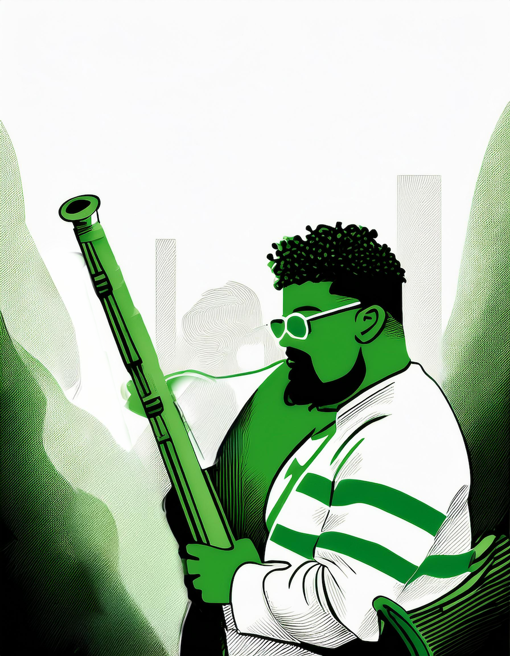 A happy musician playing the bassoon